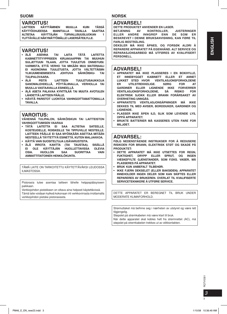 Varoitus, Advarsel, English suomi | Norsk | Panasonic SCPM46 User Manual | Page 3 / 56