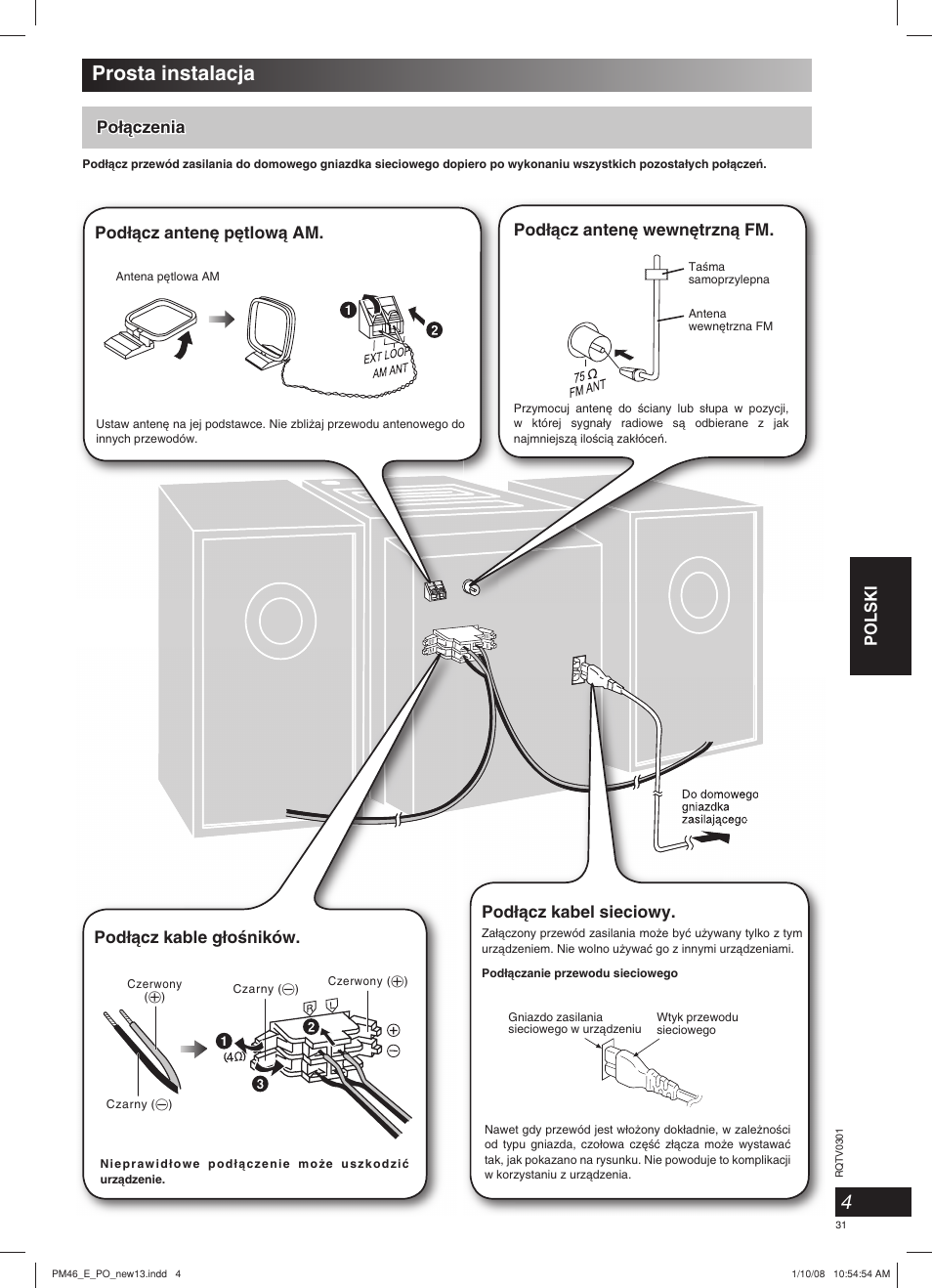 Prosta instalacja, Polski, Po∏àczenia | Pod∏àcz anten´ p´tlowà am, Pod∏àcz kabel sieciowy | Panasonic SCPM46 User Manual | Page 31 / 56