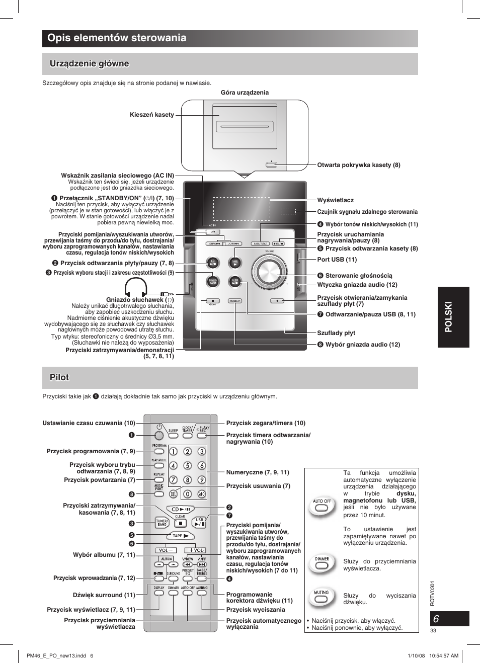 Opis elementów sterowania, Polski urzàdzenie g∏ówne urzàdzenie g∏ówne, Pilot | Panasonic SCPM46 User Manual | Page 33 / 56