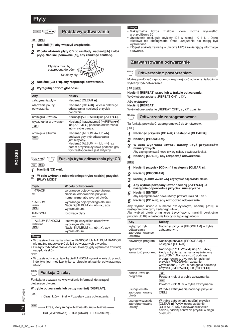 P∏yty, Polski, Podstawy odtwarzania | Zaawansowane odtwarzanie | Panasonic SCPM46 User Manual | Page 34 / 56