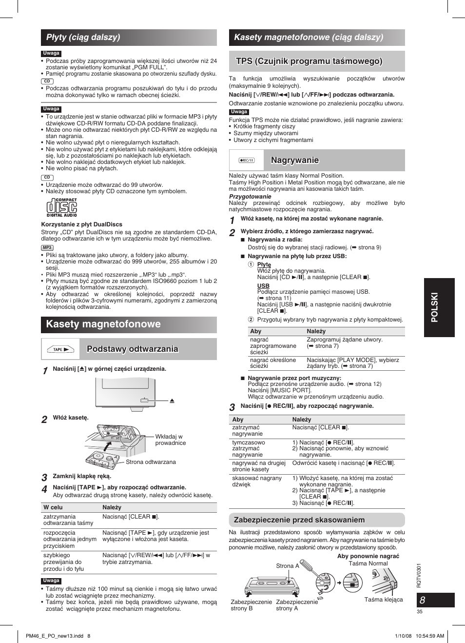 Kasety magnetofonowe, Polski, Podstawy odtwarzania | Tps (czujnik programu taêmowego), Nagrywanie, Kasety magnetofonowe (ciàg dalszy), P∏yty (ciàg dalszy) | Panasonic SCPM46 User Manual | Page 35 / 56