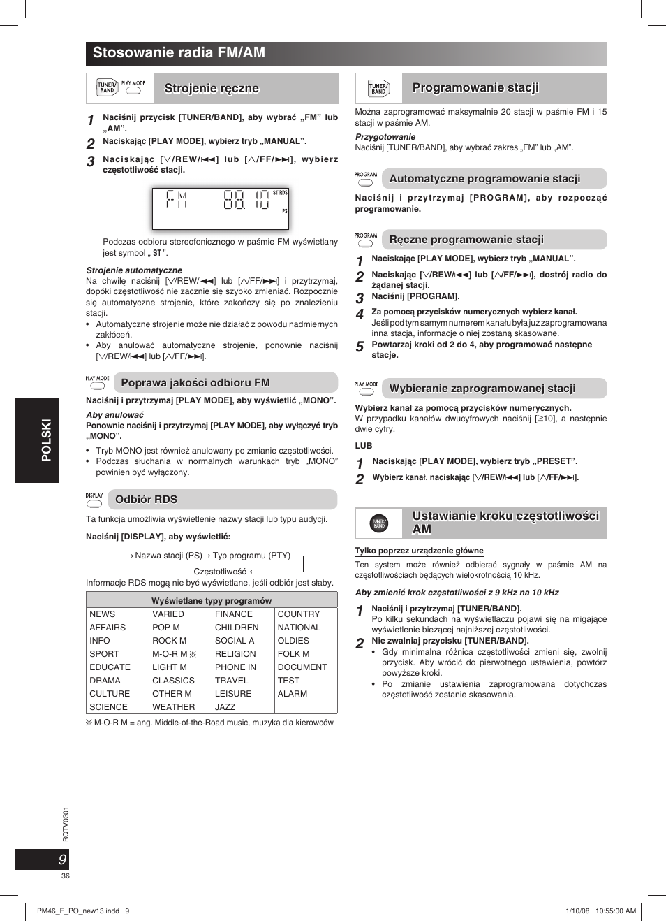 Stosowanie radia fm/am, Polski, Strojenie r´czne | Programowanie stacji | Panasonic SCPM46 User Manual | Page 36 / 56