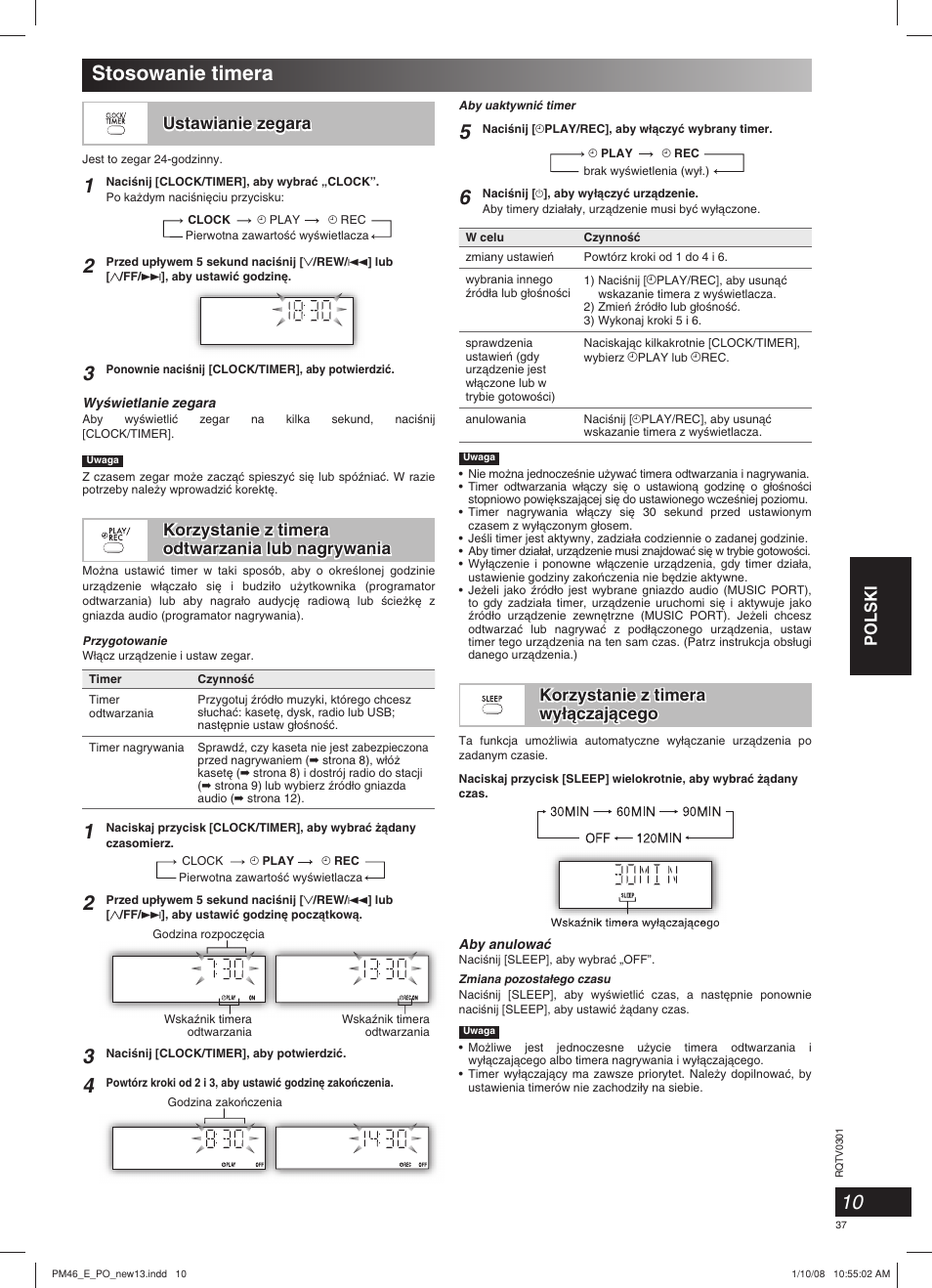 Stosowanie timera, Polski, Ustawianie zegara | Panasonic SCPM46 User Manual | Page 37 / 56