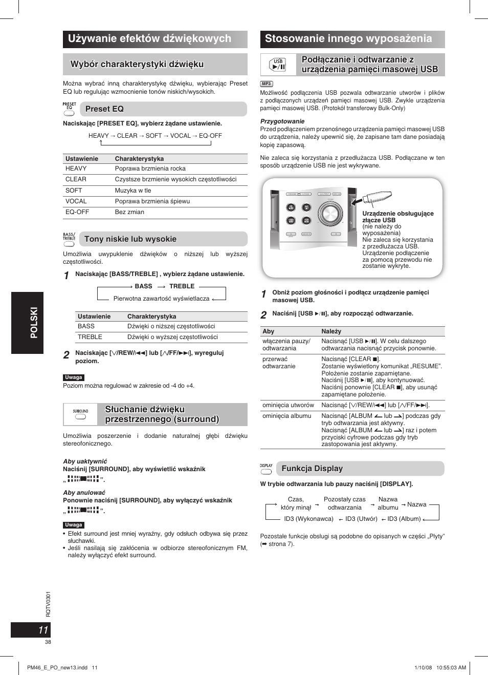 U˝ywanie efektów dêwi´kowych, Stosowanie innego wyposa˝enia, Polski | Wybór charakterystyki dêwi´ku | Panasonic SCPM46 User Manual | Page 38 / 56