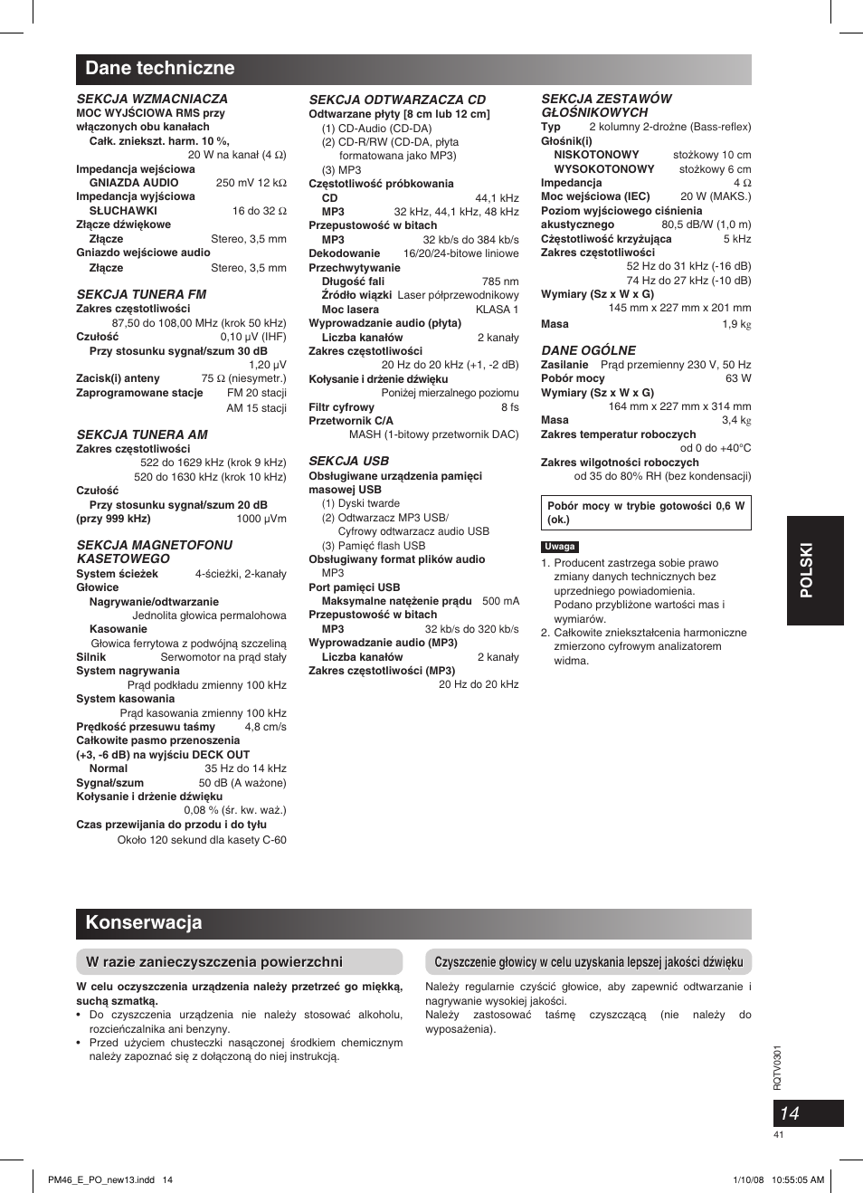 Dane techniczne, Konserwacja, Polski | W razie zanieczyszczenia powierzchni | Panasonic SCPM46 User Manual | Page 41 / 56