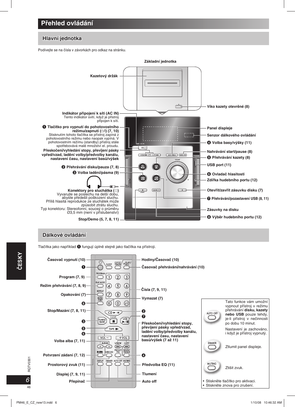 Pﬁehled ovládání, Âesky, Hlavní jednotka | Dálkové ovládání | Panasonic SCPM46 User Manual | Page 46 / 56