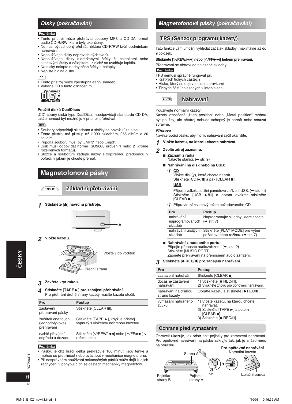 Magnetofonové pásky, Nahrávání, Základní pﬁehrávání | Magnetofonové pásky (pokraãování) | Panasonic SCPM46 User Manual | Page 48 / 56