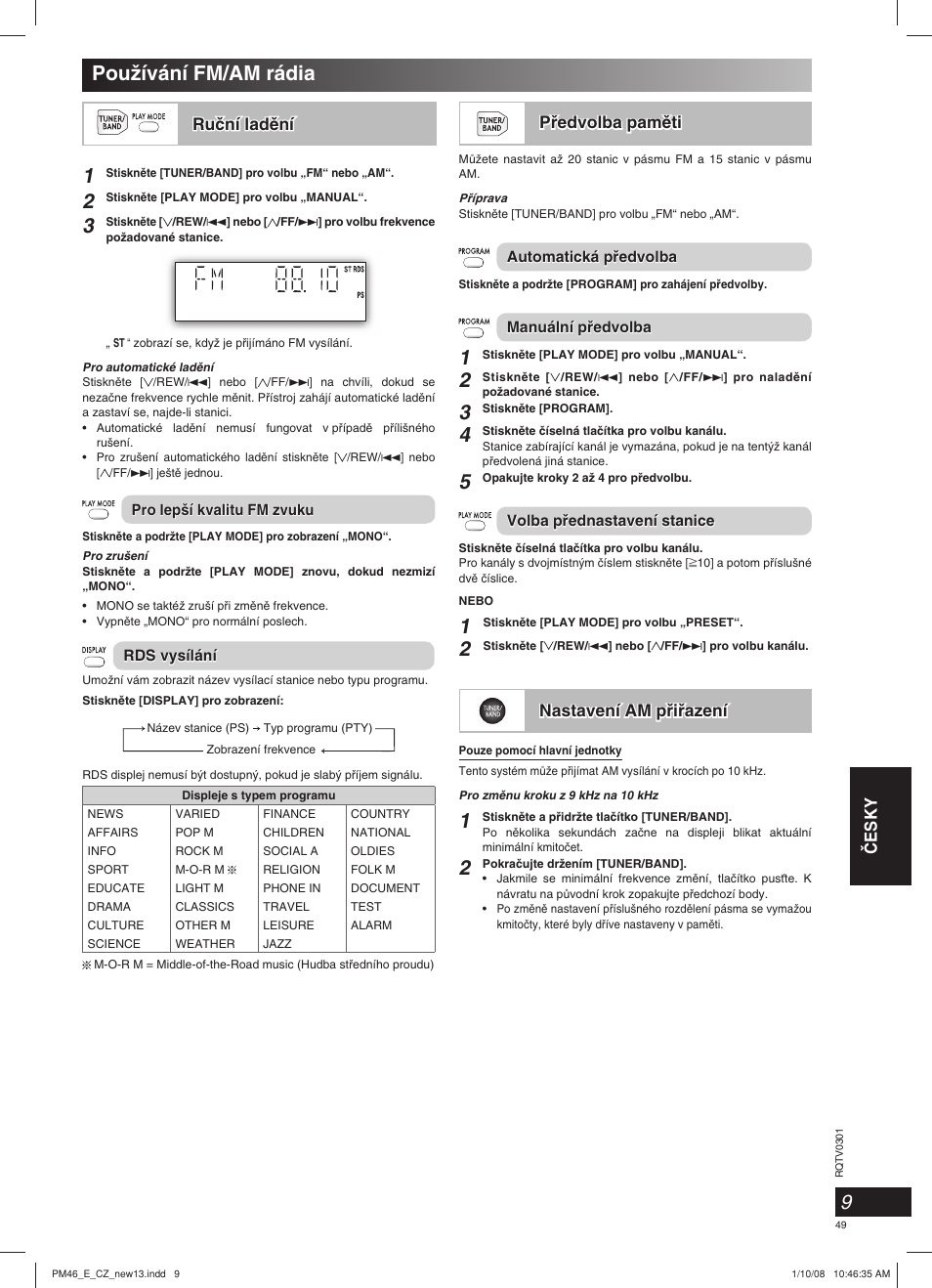Pouïívání fm/am rádia, Âesky, Ruãní ladûní | Pﬁedvolba pamûti, Nastavení am pﬁiﬁazení | Panasonic SCPM46 User Manual | Page 49 / 56