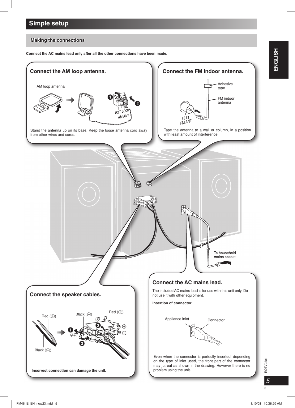 Simple setup, English, Connect the am loop antenna | Connect the ac mains lead | Panasonic SCPM46 User Manual | Page 5 / 56