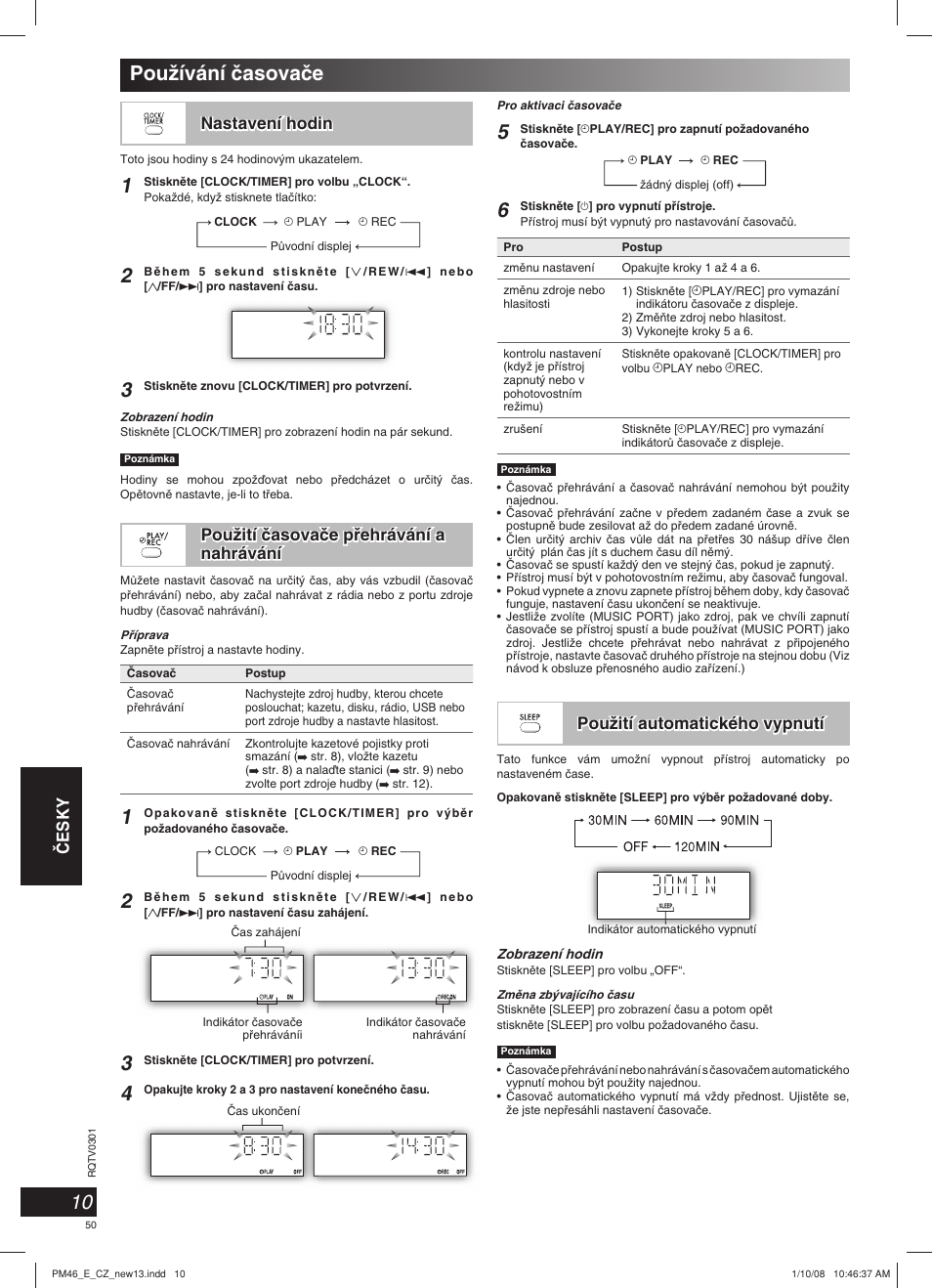 Pouïívání ãasovaãe, Âesky, Nastavení hodin | Pouïití automatického vypnutí | Panasonic SCPM46 User Manual | Page 50 / 56