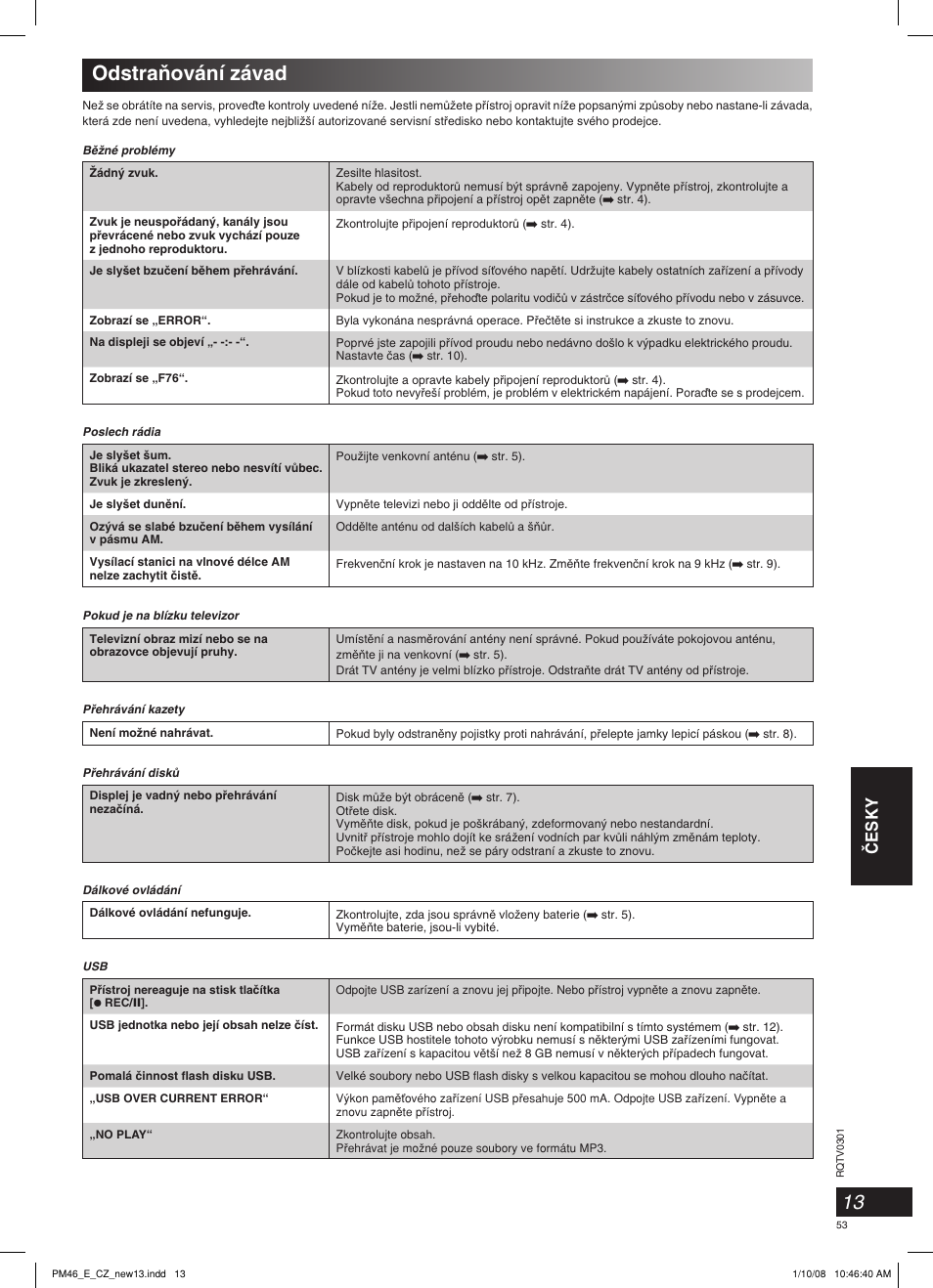 Odstraàování závad, Âesky | Panasonic SCPM46 User Manual | Page 53 / 56