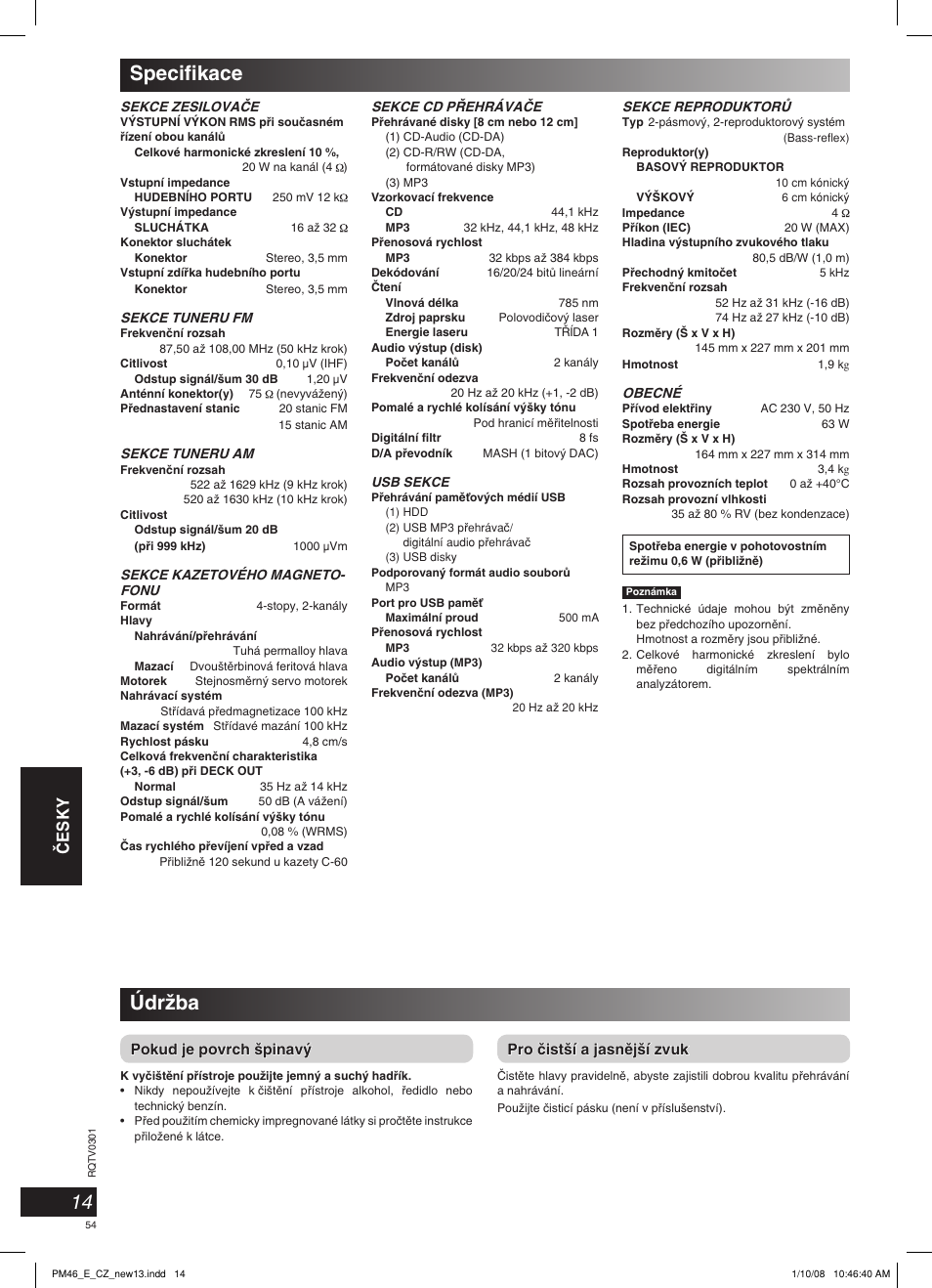 Specifikace údrïba, Âesky, Pokud je povrch ‰pinav | Pro ãist‰í a jasnûj‰í zvuk | Panasonic SCPM46 User Manual | Page 54 / 56