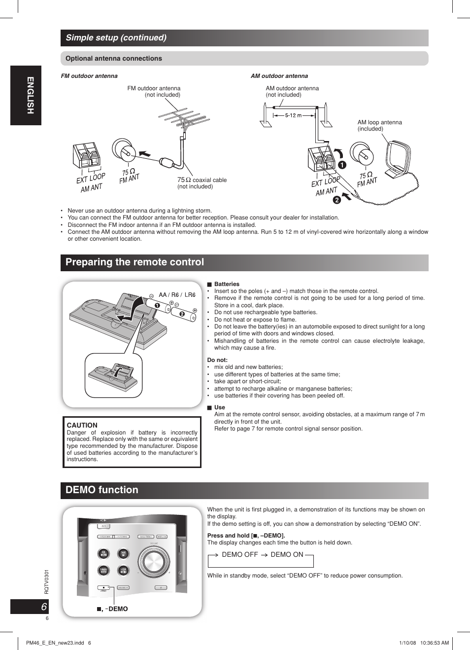 Preparing the remote control, Demo function, English | Simple setup (continued) | Panasonic SCPM46 User Manual | Page 6 / 56