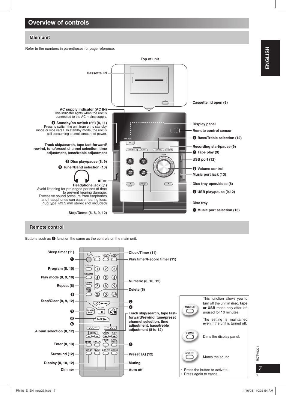 Overview of controls, English, Main unit | Remote control | Panasonic SCPM46 User Manual | Page 7 / 56