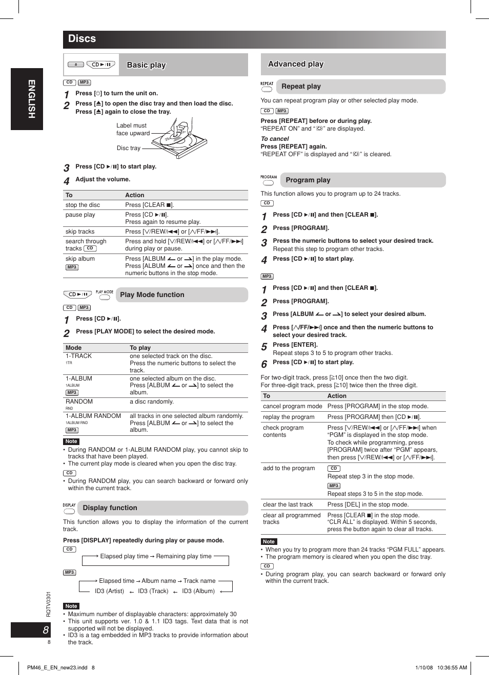 Discs, English | Panasonic SCPM46 User Manual | Page 8 / 56