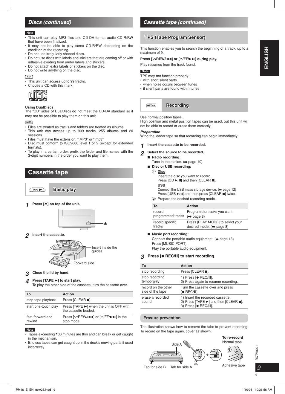 Cassette tape, English discs (continued), Cassette tape (continued) | Panasonic SCPM46 User Manual | Page 9 / 56