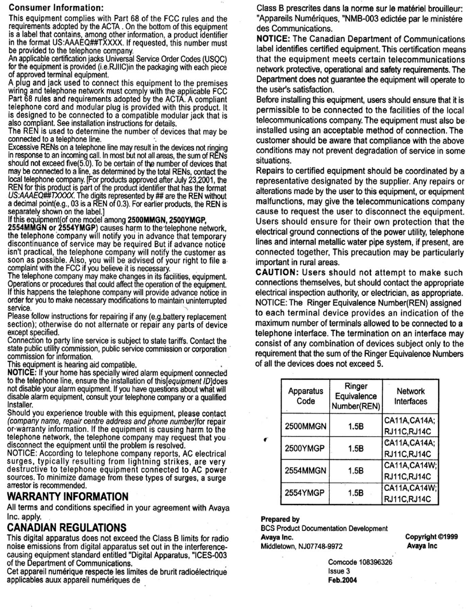 Warranty information, Canadian regulations | Avaya Lucent 2500 YMGP User Manual | Page 4 / 4