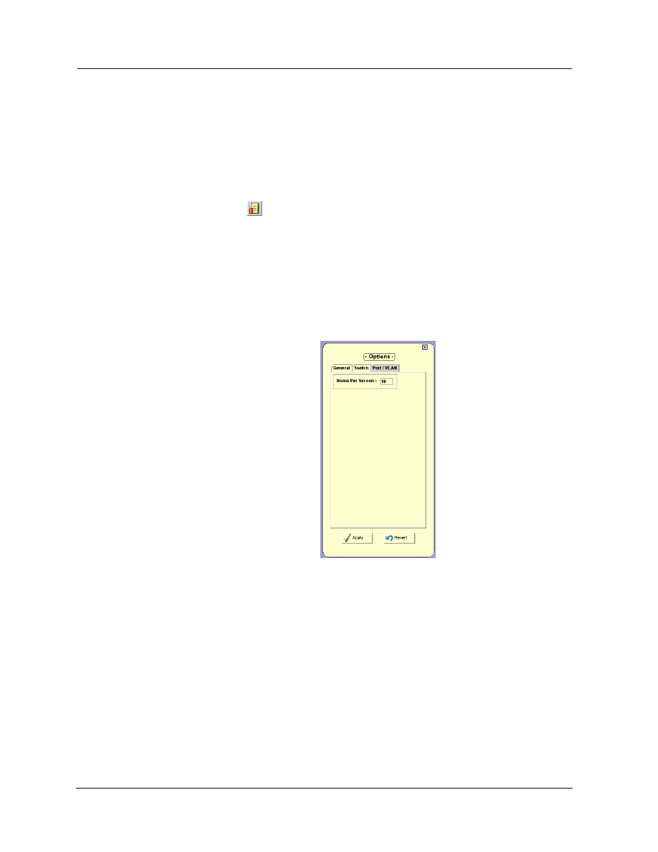 Using the port/vlan options dialog box, Items per screen | Avaya P120 SMON User Manual | Page 57 / 71