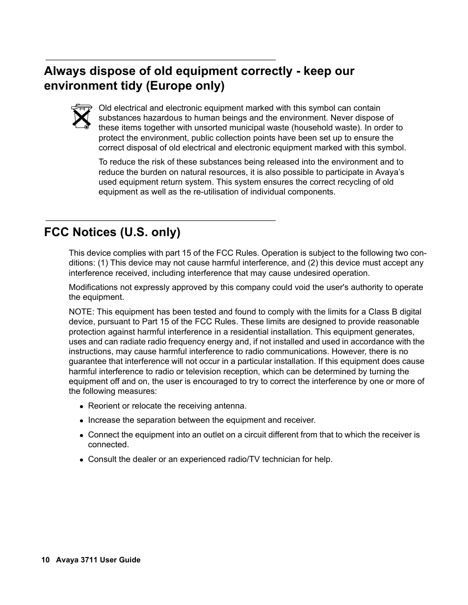 Fcc notices (u.s. only), Europe only) | Avaya 3711 User Manual | Page 10 / 66