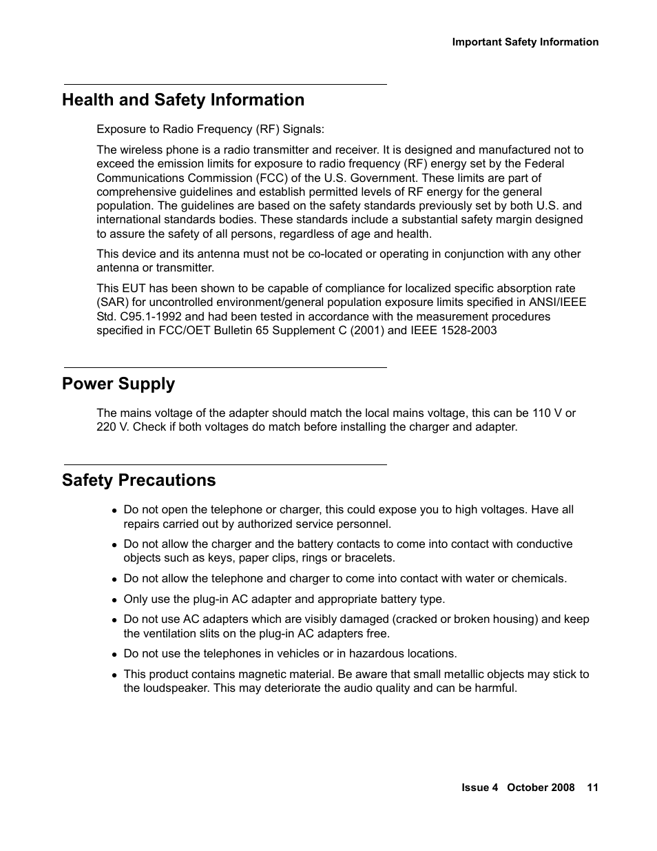 Health and safety information, Power supply, Safety precautions | Avaya 3711 User Manual | Page 11 / 66