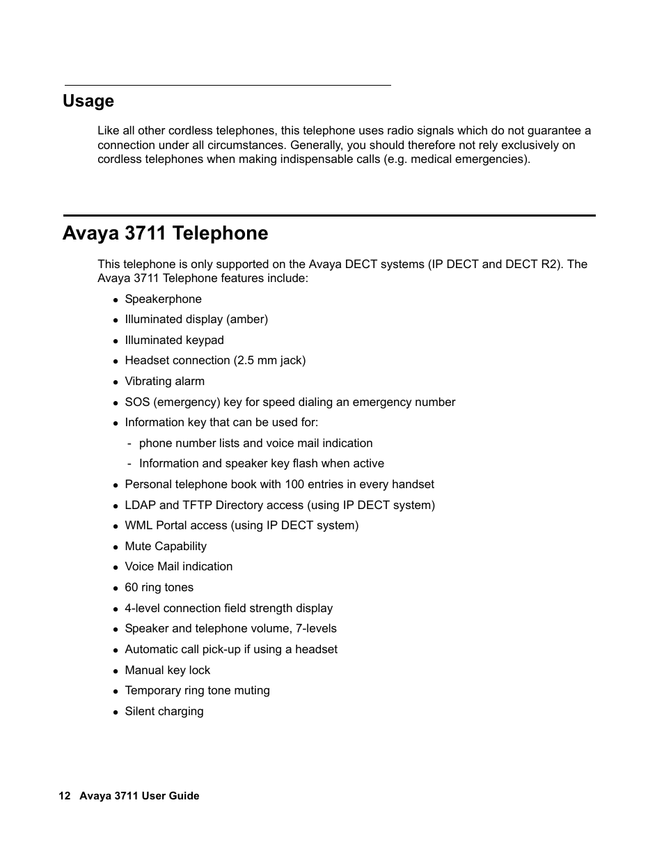 Usage, Avaya 3711 telephone | Avaya 3711 User Manual | Page 12 / 66
