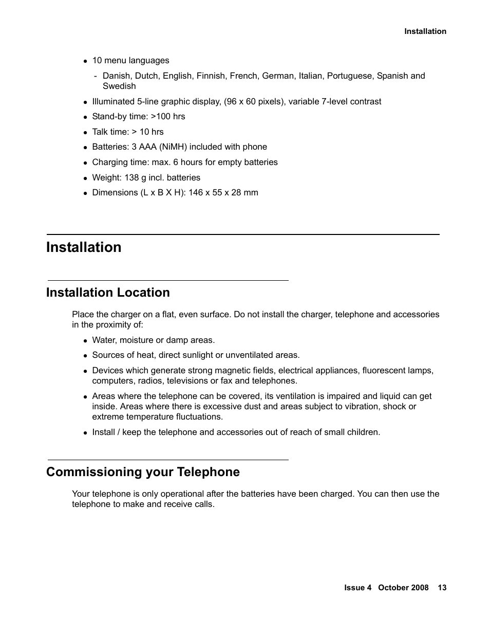 Installation, Installation location, Commissioning your telephone | Avaya 3711 User Manual | Page 13 / 66