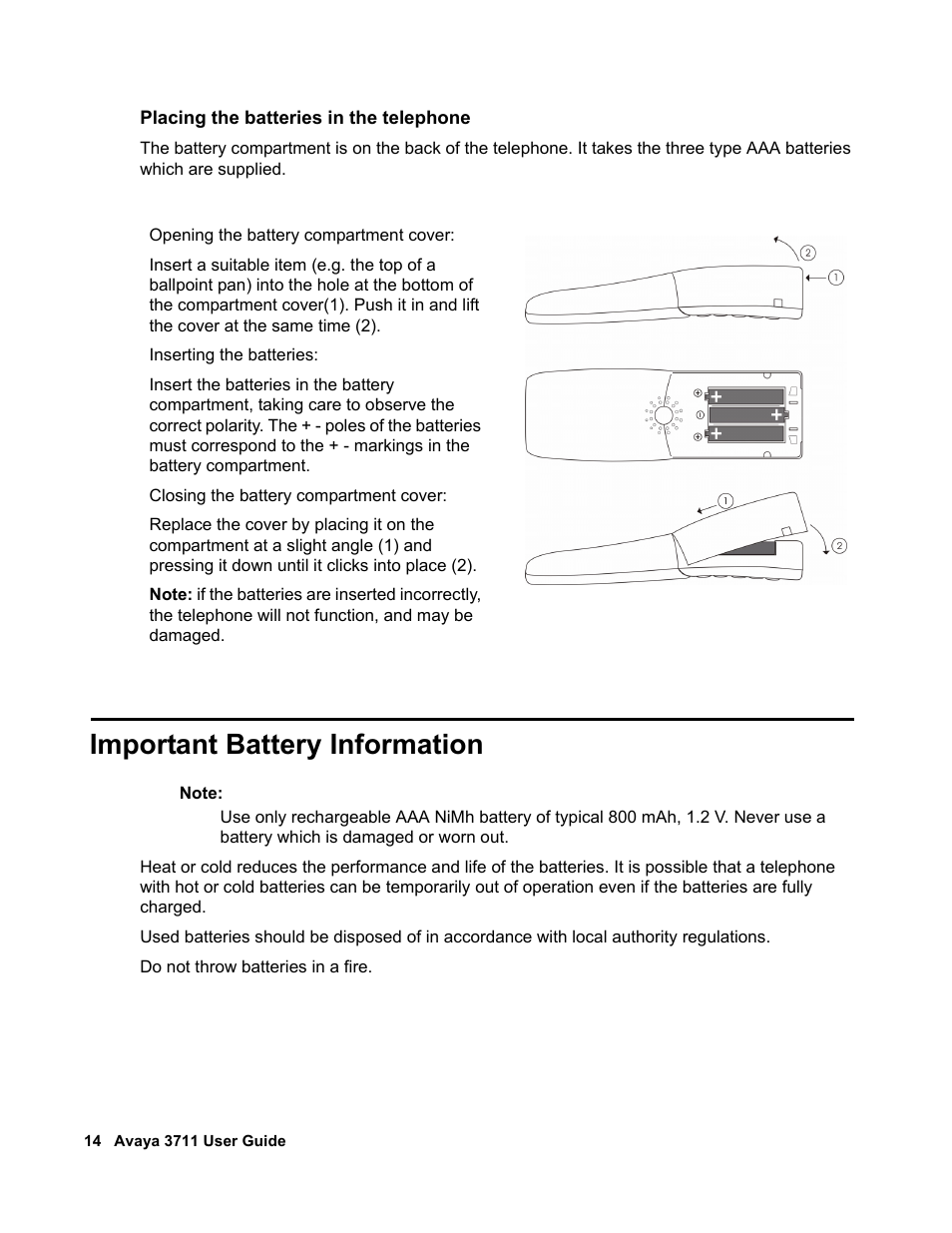 Important battery information | Avaya 3711 User Manual | Page 14 / 66