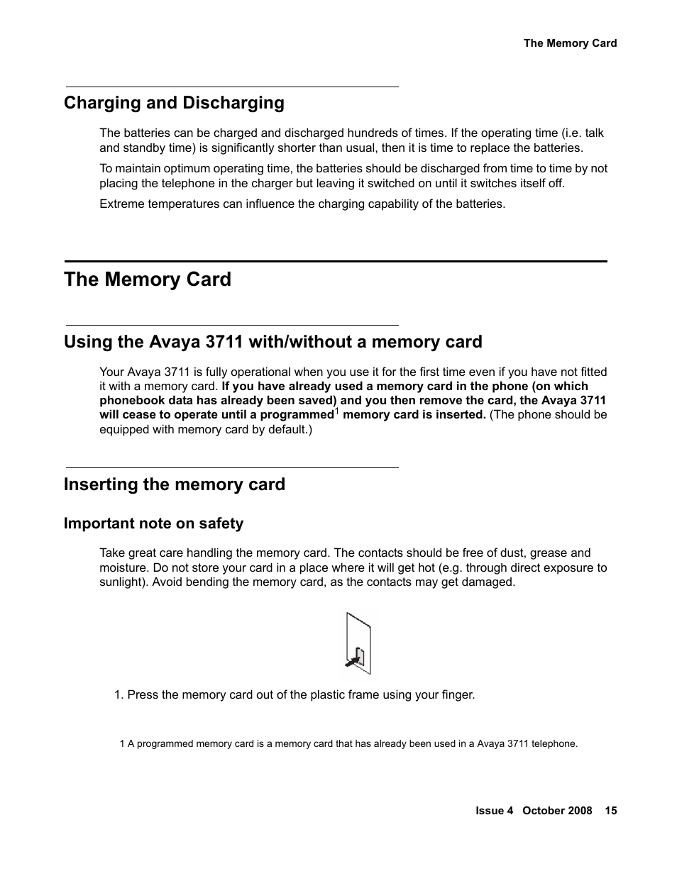 Charging and discharging, The memory card, Using the avaya 3711 with/without a memory card | Inserting the memory card, Important note on safety | Avaya 3711 User Manual | Page 15 / 66