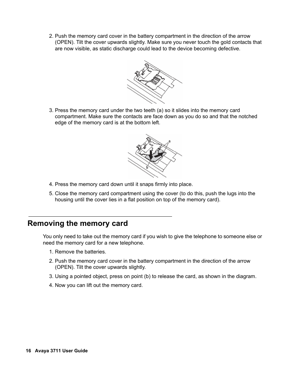 Removing the memory card | Avaya 3711 User Manual | Page 16 / 66