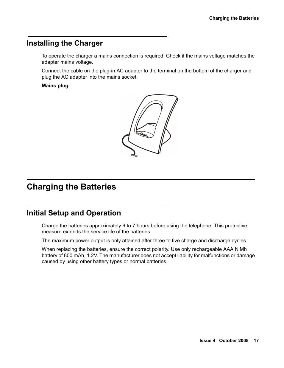 Installing the charger, Charging the batteries, Initial setup and operation | Avaya 3711 User Manual | Page 17 / 66