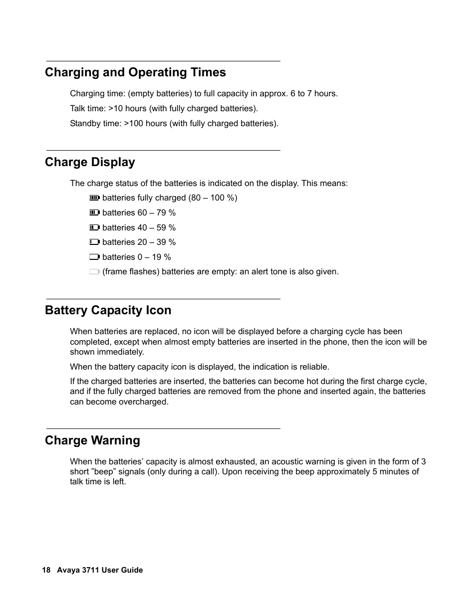 Charging and operating times, Charge display, Battery capacity icon | Charge warning | Avaya 3711 User Manual | Page 18 / 66