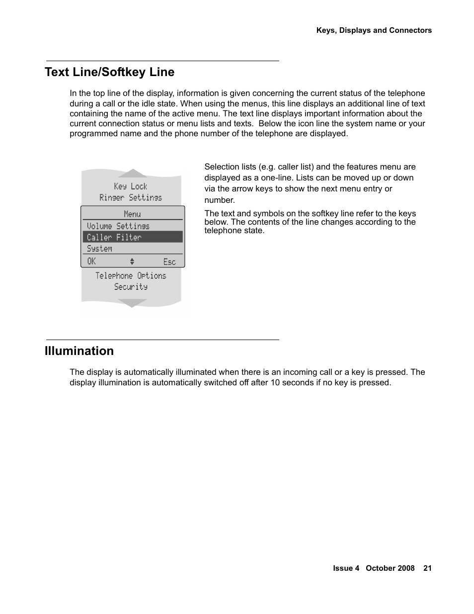 Text line/softkey line, Illumination | Avaya 3711 User Manual | Page 21 / 66