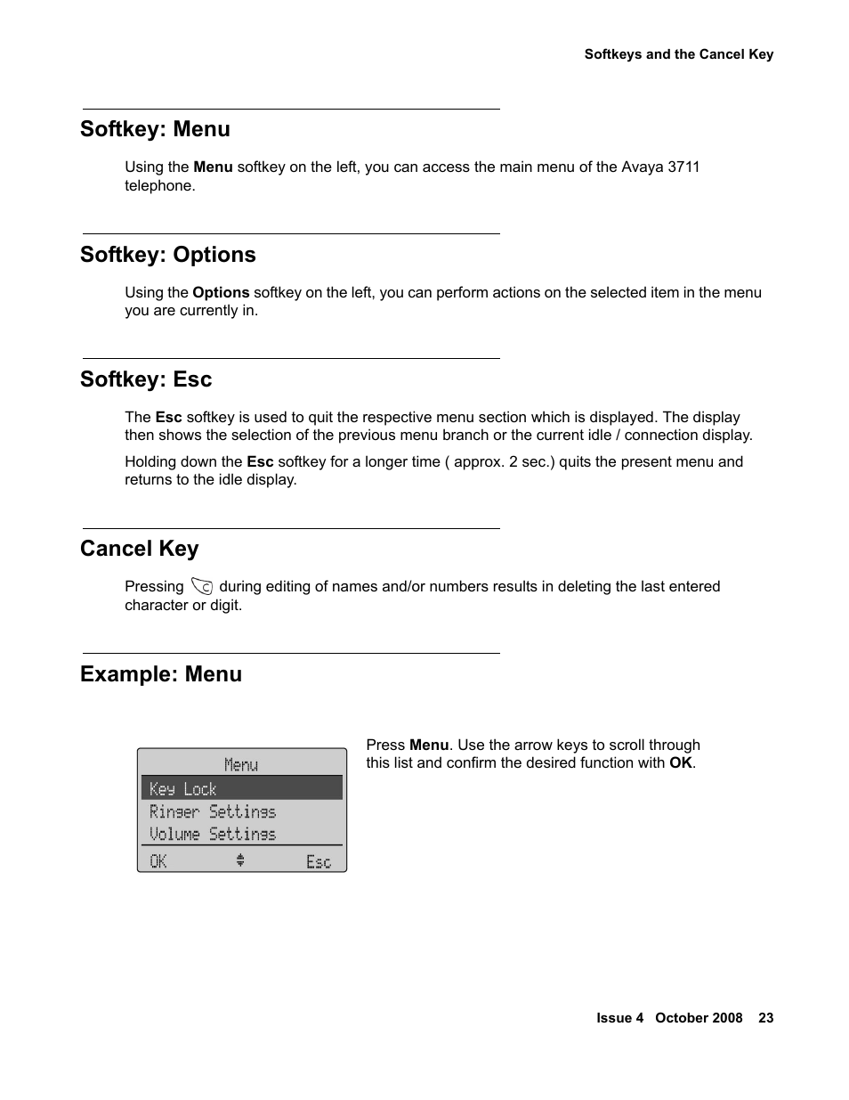 Softkey: menu, Softkey: options, Softkey: esc | Cancel key, Example: menu | Avaya 3711 User Manual | Page 23 / 66