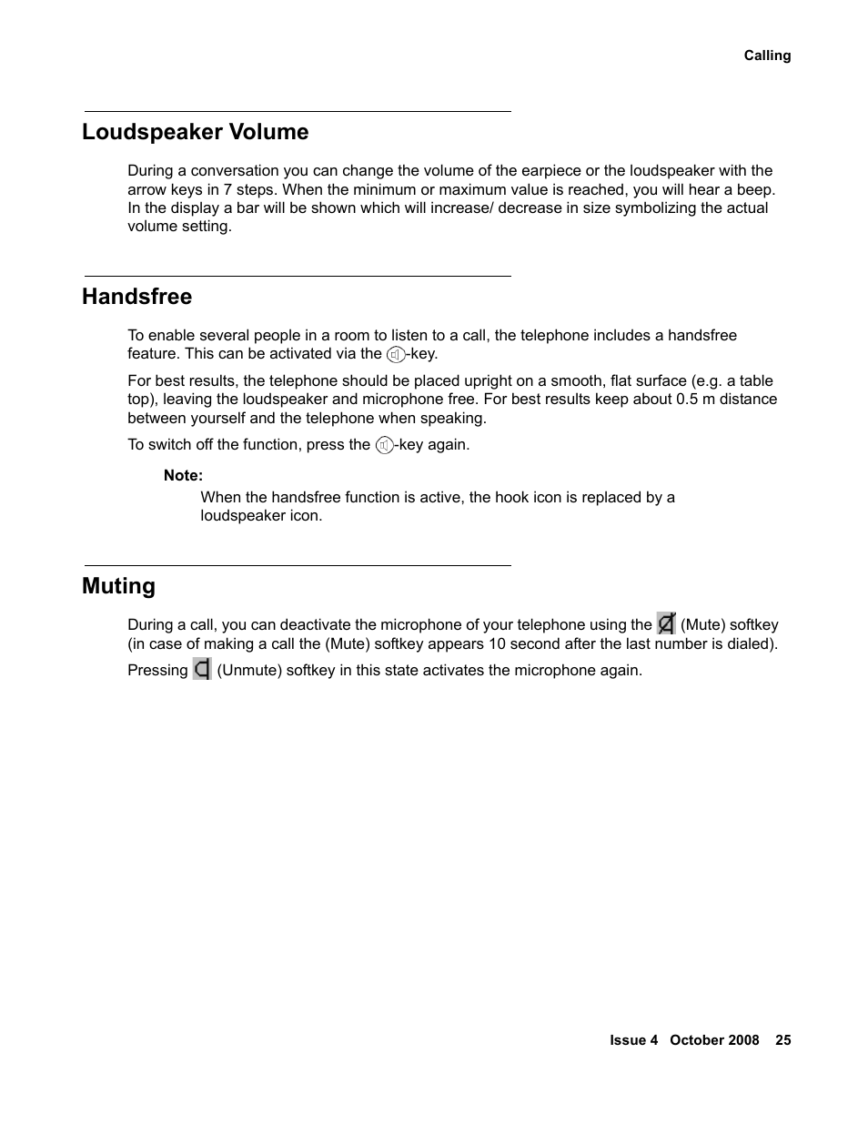Loudspeaker volume, Handsfree, Muting | Avaya 3711 User Manual | Page 25 / 66