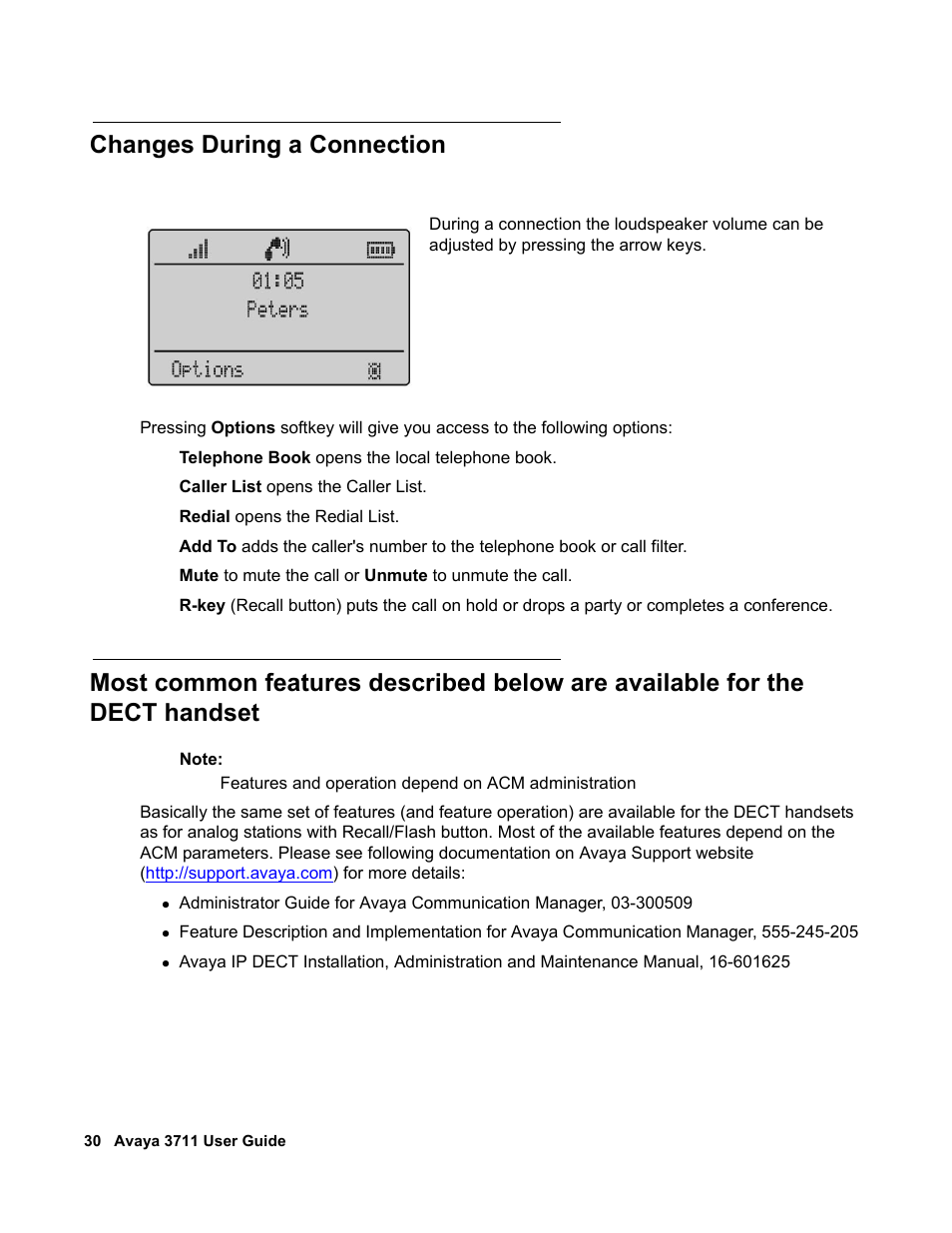 Changes during a connection | Avaya 3711 User Manual | Page 30 / 66