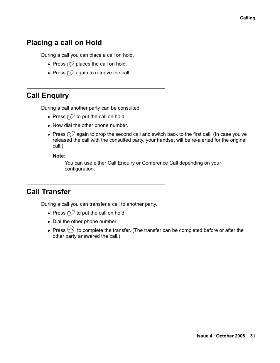 Placing a call on hold, Call enquiry, Call transfer | Avaya 3711 User Manual | Page 31 / 66