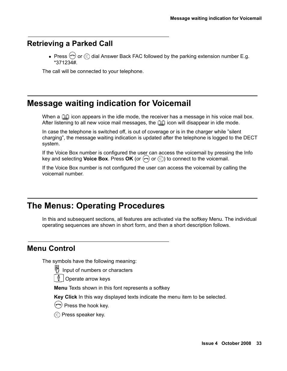 Retrieving a parked call, Message waiting indication for voicemail, The menus: operating procedures | Menu control | Avaya 3711 User Manual | Page 33 / 66