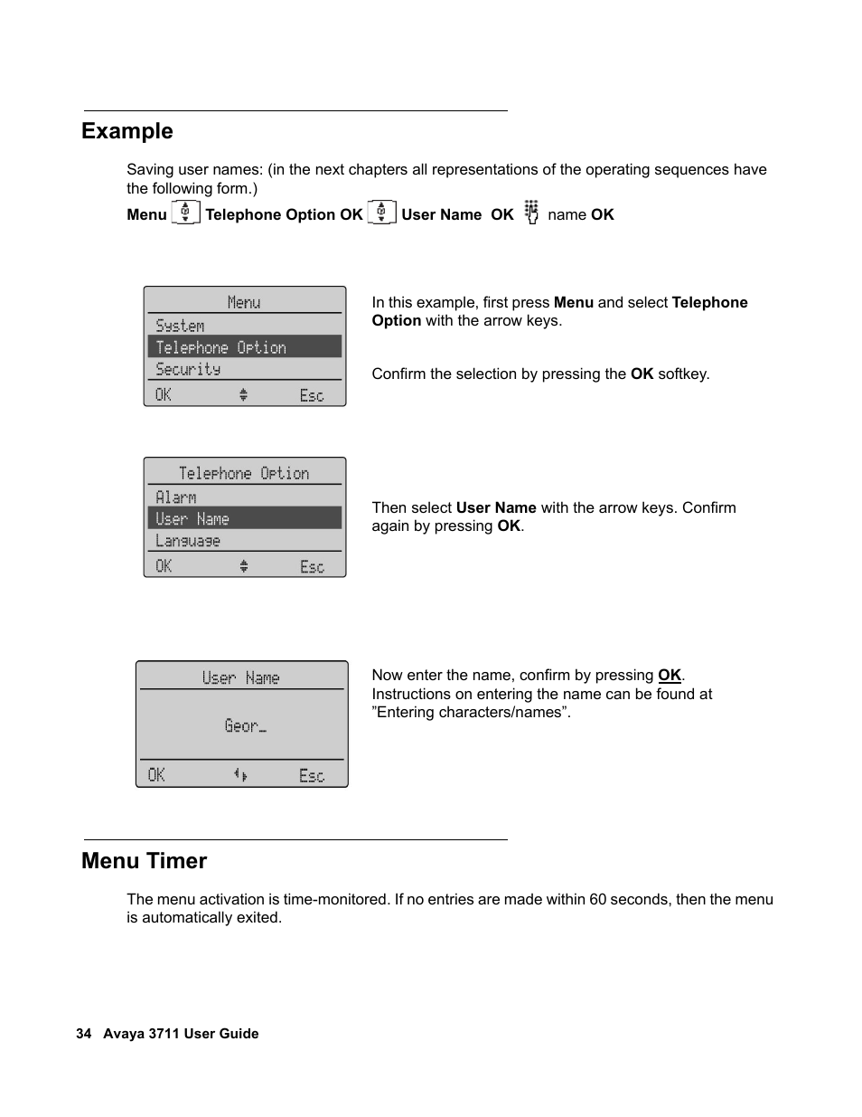 Example, Menu timer | Avaya 3711 User Manual | Page 34 / 66
