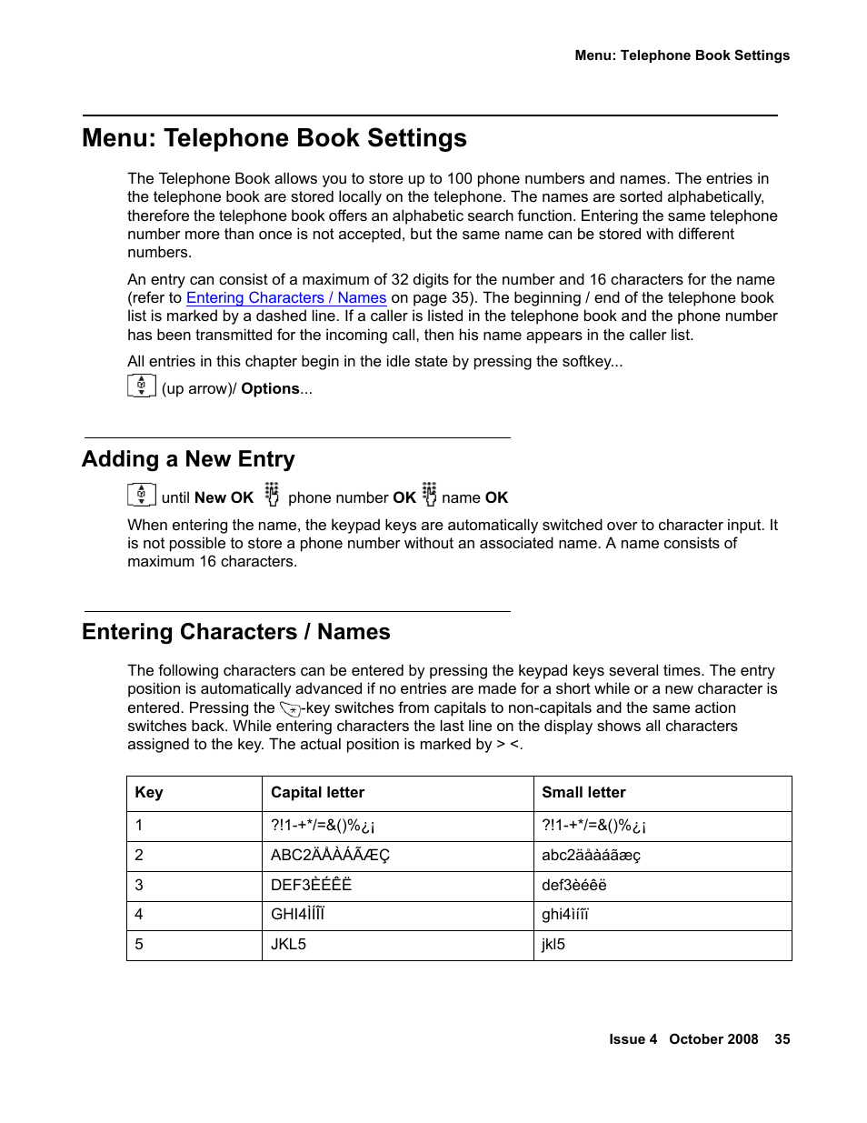 Menu: telephone book settings, Adding a new entry, Entering characters / names | Avaya 3711 User Manual | Page 35 / 66