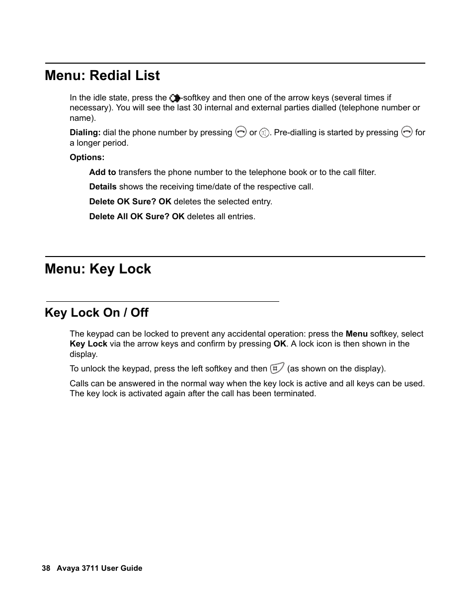 Menu: redial list, Menu: key lock, Key lock on / off | Menu, Redial list | Avaya 3711 User Manual | Page 38 / 66
