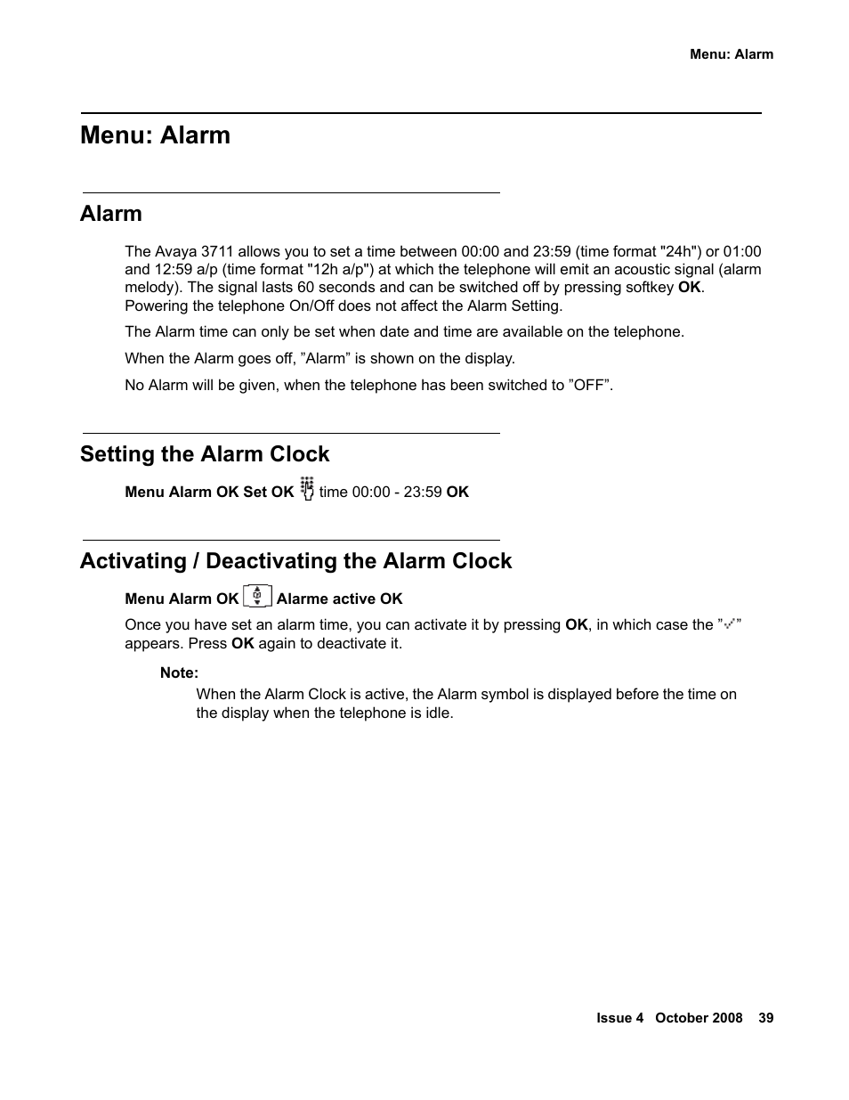 Menu: alarm, Alarm, Setting the alarm clock | Activating / deactivating the alarm clock | Avaya 3711 User Manual | Page 39 / 66