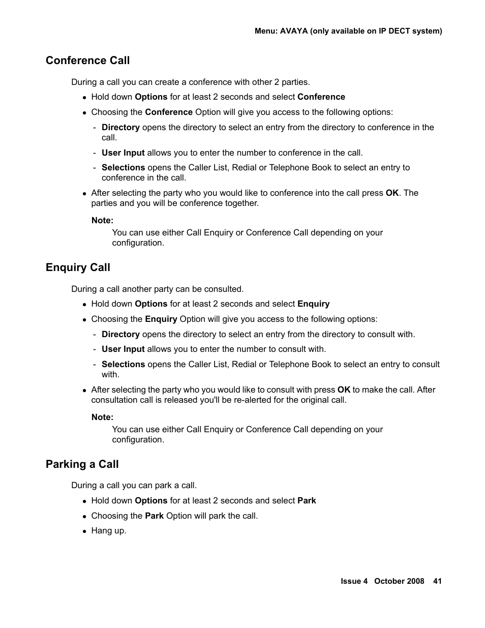 Conference call, Enquiry call, Parking a call | Avaya 3711 User Manual | Page 41 / 66