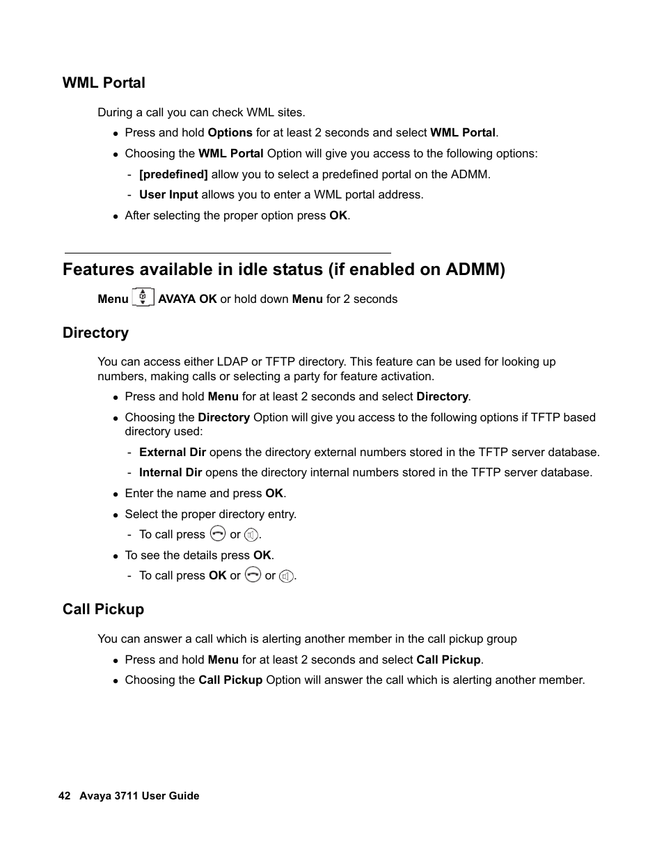 Wml portal, Directory, Call pickup | Avaya 3711 User Manual | Page 42 / 66