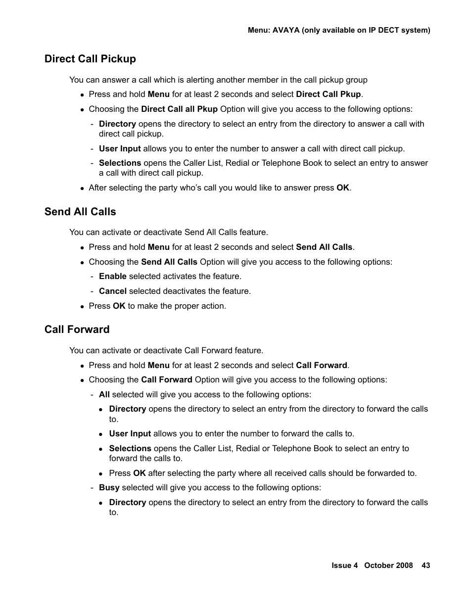 Direct call pickup, Send all calls, Call forward | Avaya 3711 User Manual | Page 43 / 66