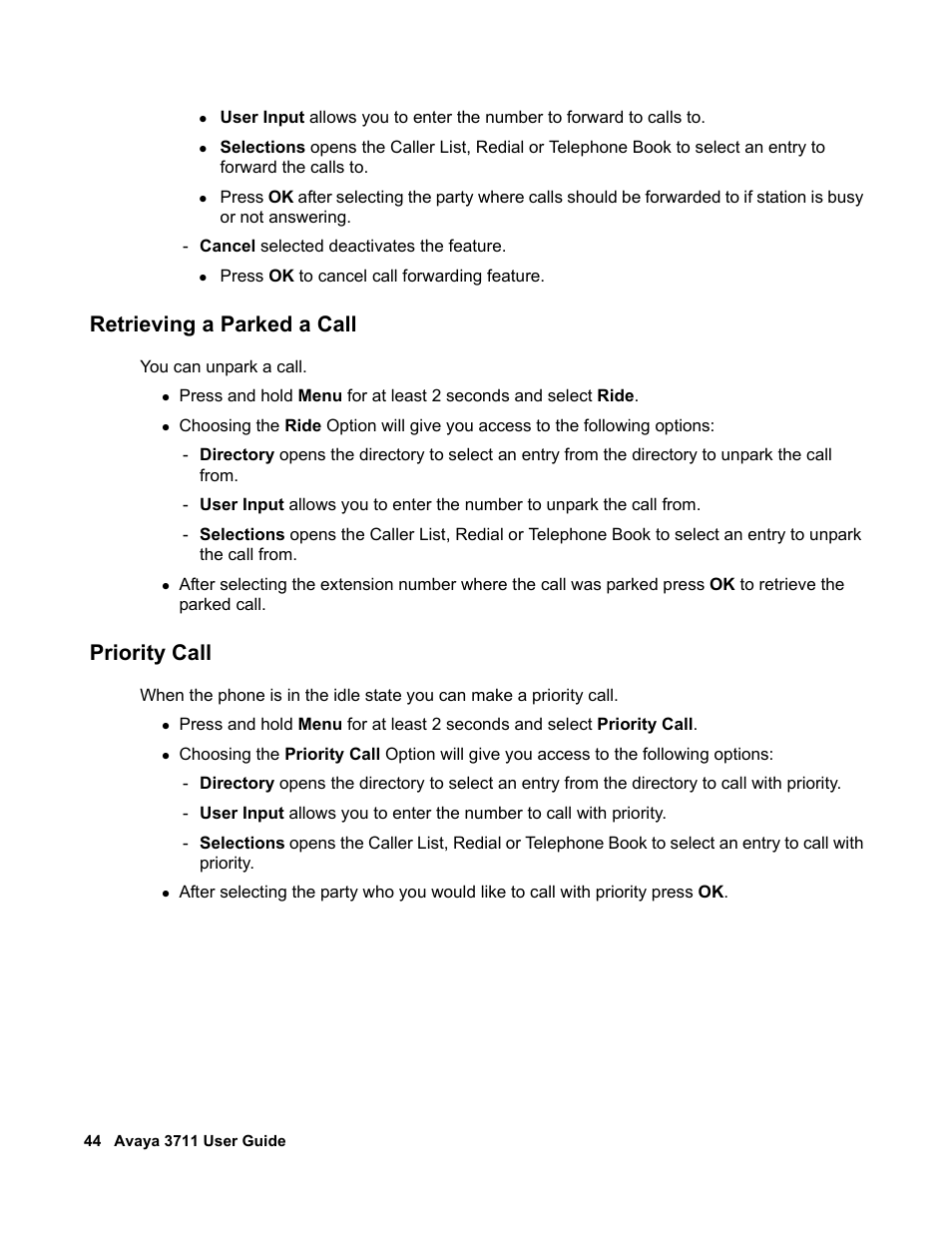 Retrieving a parked a call, Priority call | Avaya 3711 User Manual | Page 44 / 66