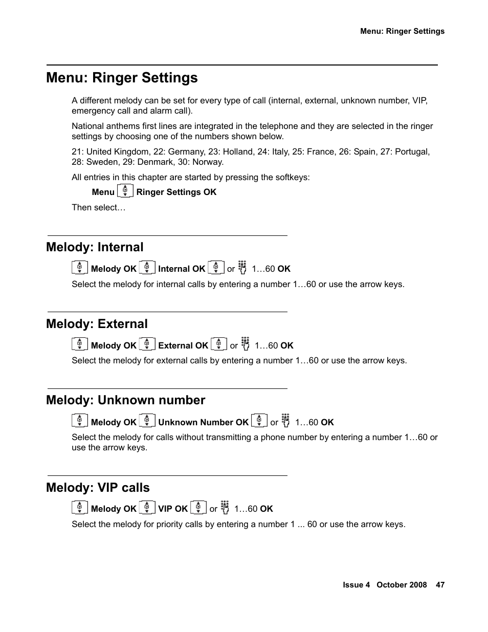 Menu: ringer settings, Melody: internal, Melody: external | Melody: unknown number, Melody: vip calls | Avaya 3711 User Manual | Page 47 / 66