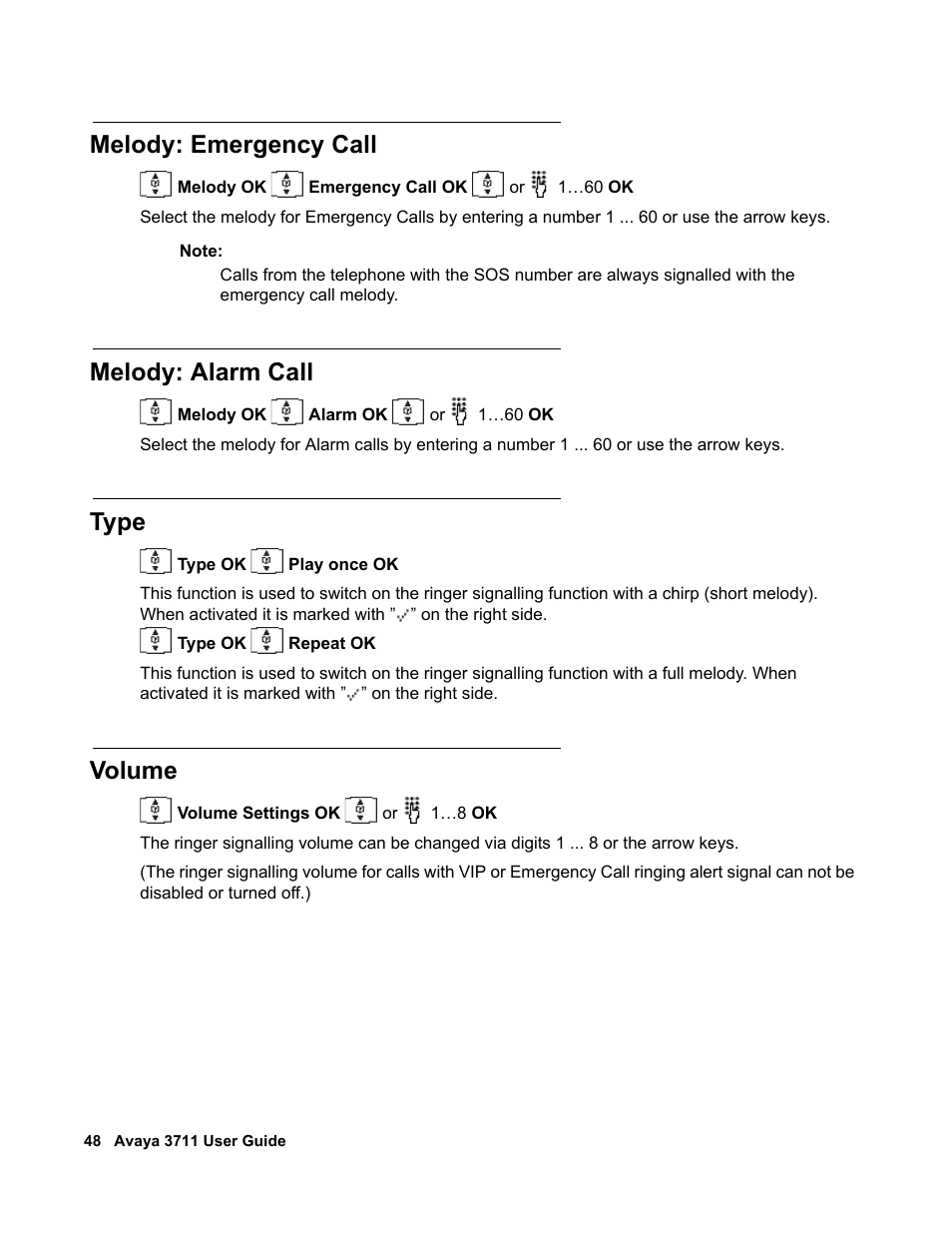 Melody: emergency call, Melody: alarm call, Type | Volume | Avaya 3711 User Manual | Page 48 / 66