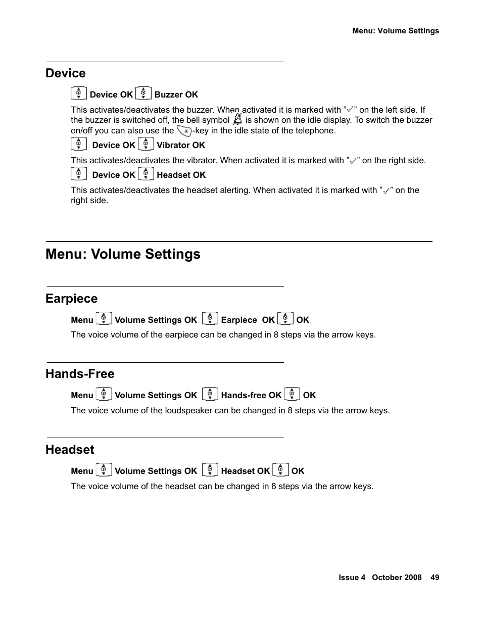 Device, Menu: volume settings, Earpiece | Hands-free, Headset | Avaya 3711 User Manual | Page 49 / 66