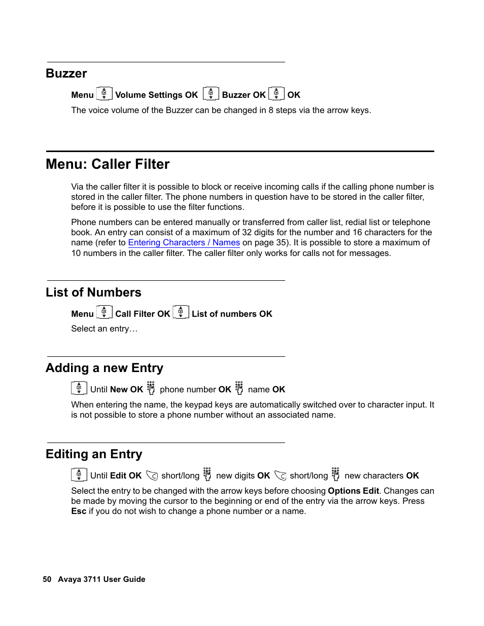 Buzzer, Menu: caller filter, List of numbers | Adding a new entry, Editing an entry | Avaya 3711 User Manual | Page 50 / 66
