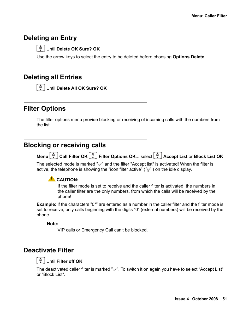 Deleting an entry, Deleting all entries, Filter options | Blocking or receiving calls, Deactivate filter | Avaya 3711 User Manual | Page 51 / 66